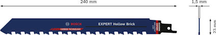Blå tandad sågklinga med text "EXPERT Hollow Brick" och måtten 240 mm x 1,5 mm x 22 mm.