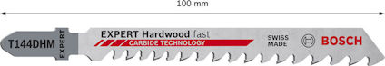 Sticksågblad med text: "T144DHM", "EXPERT Hardwood fast", "Carbide Technology", "Swiss Made", "Bosch". Längd: 100 mm.