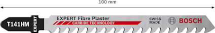 Sågblad för fibergips, märkning "EXPERT", "T141HM", 100 mm, "SWISS MADE", "BOSCH", med pilar och tänder.