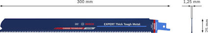 Blå metallsågblad, 300 mm längd, 25 mm bredd, markerat "EXPERT Thick Tough Metal" och "Carbide Technology".