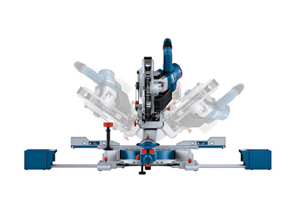 Kap- och geringssåg med justerbara inställningar och blå handtag, uppifrån-och-ner-vy.