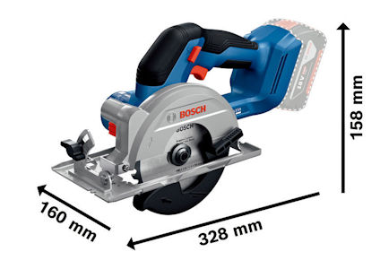 Cirkelsåg med mått: längd 328 mm, bredd 160 mm, höjd 158 mm, märket Bosch.