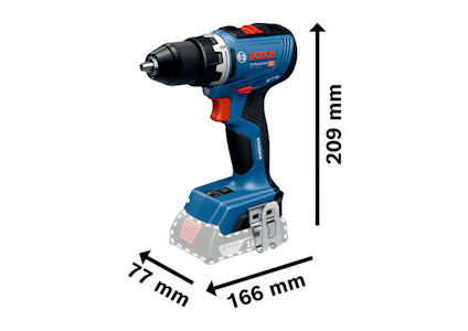 Blå sladdlös borrmaskin med svarta och röda detaljer. Mått: 209 mm hög, 166 mm lång, 77 mm bred.