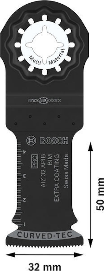 Multiverktygsblad av metall, svart, med text "BOSCH" och "32 mm". Mått: 50 mm längd, 32 mm bredd, "Swiss Made".