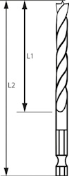 Diagram över borr med två längdmått, L1 och L2, markerade med dubbelriktade pilar.
