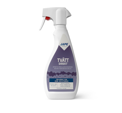 Sprayflaska med blå etikett och texten "Tvätt Direkt" från JAPE, rymmer 500 ml.