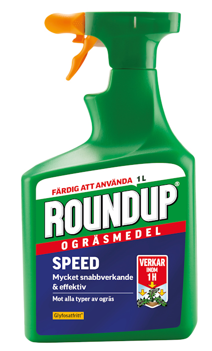 Grön sprayflaska med etiketten "Roundup Ogräsmedel Speed", märkning om snabbverkande effekt och glyfosatfri.