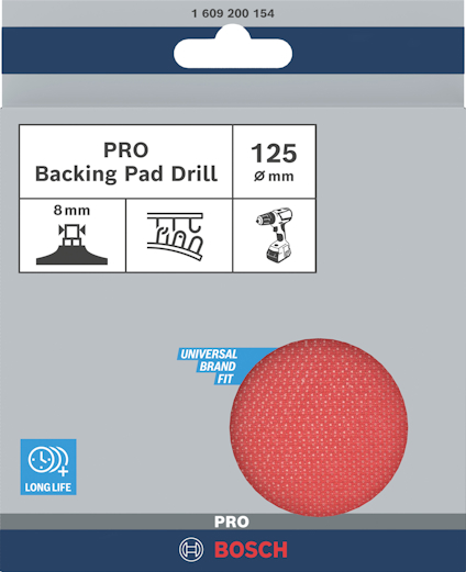 Förpackning för Bosch Pro Backing Pad Drill, 125 mm diameter, 8 mm fäste, kompatibel med flera varumärken.