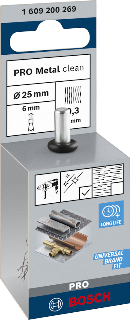 Förpackning med Bosch PRO Metal Clean-borste, diameter 25 mm, trådtjocklek 0,3 mm, universal passform.