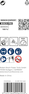 Förpackning med Bosch Pro verktygstillbehör, max 4500 rpm, använd skyddsglasögon och handskar. Made in China.
