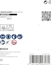 Förpackning med Bosch Expert sågklinga, innehåller säkerhetsikoner, QR-kod, tillverkningsuppgifter och streckkod.