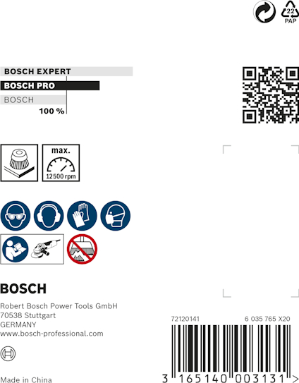 Förpackning med Bosch Expert sågklinga, innehåller säkerhetsikoner, QR-kod, tillverkningsuppgifter och streckkod.