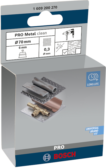 Förpackning med Bosch PRO Metal Clean som visar borstar, rör och kopparrör. Text: "Ø70 mm, 6 mm, 0,3 mm".