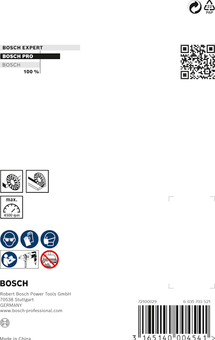 Förpackning med Bosch Expert-blad, inkluderar QR-kod och symboler för maxhastighet 4500 RPM; Bosch Power Tools GmbH.