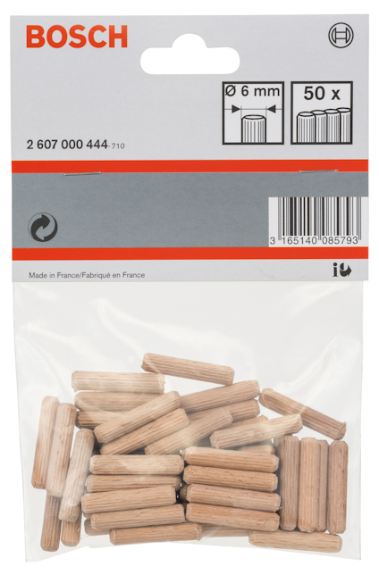 Förpackning med Bosch träplugg, 50 stycken, 6 mm diameter.