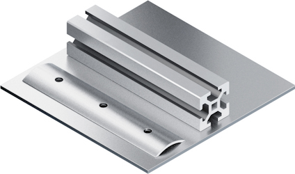 Aluminiumprofil och metallplåt monterad på basplatta.