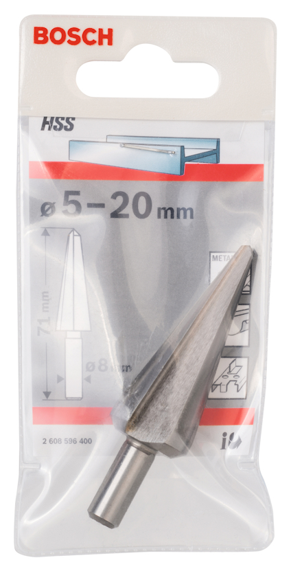Förpackning med koniskt borr från Bosch, storlek 5-20 mm, HSS-material.