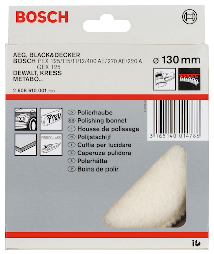 Förpackning för Bosch polerhuvud, 130 mm, med text och illustrationer av användning.