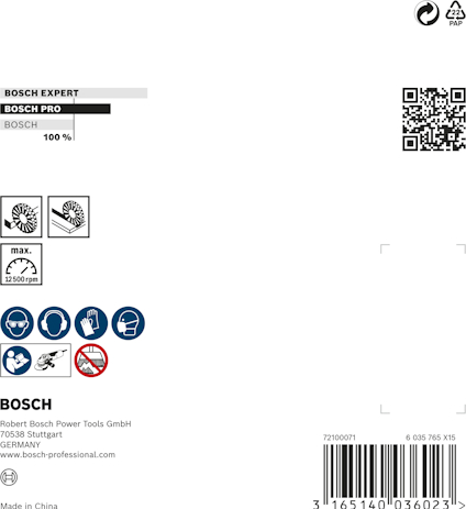 Förpackning med Bosch Expert. Max 12,500 varv/min. Säkerhetsikoner. Tillverkad i Kina. QR-kod och streckkod med nummer 3 165140 036025.