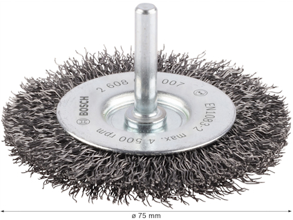Rund borstskiva av stål med skaft, märkt "Bosch" och "max 4500 rpm", diameter 75 mm.