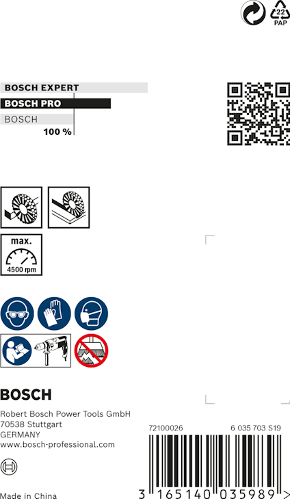 Förpackning med Bosch-produkttagg, QR-kod, säkerhetssymboler och text om max 4500 rpm. Tillverkad i Kina.