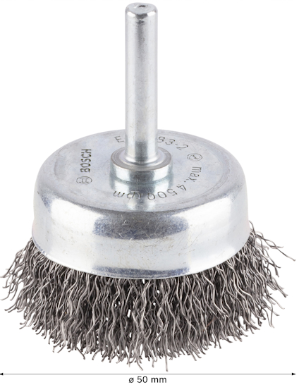 Metalltrådsborste med 50 mm diameter, silverfärgad topp och borst av stål. Märkt "Bosch".