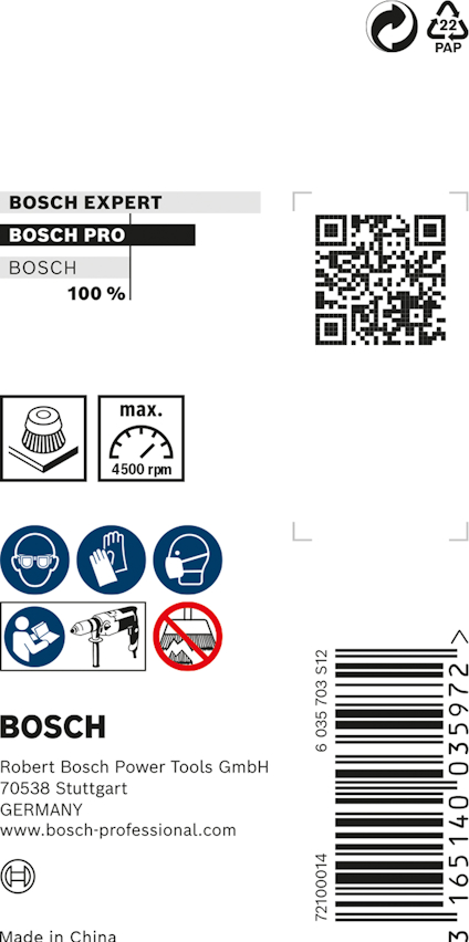 Etikett med Bosch-logotyp, QR-kod, "max. 4500 rpm" och streckkod. Text: "Robert Bosch Power Tools GmbH, Germany".