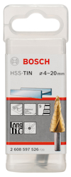 Förpackning med Bosch HSS-TIN stegborre, diameter 4–20 mm, lång livslängd.