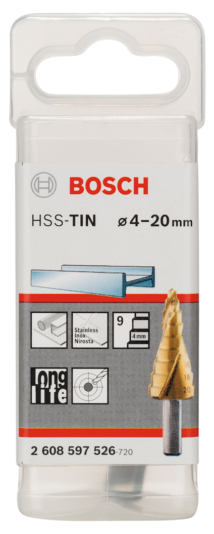 Förpackning med Bosch HSS-TIN stegborre, diameter 4–20 mm, lång livslängd.