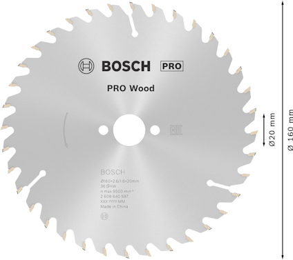 Cirkelsågblad i metall med tänder och text: "Bosch PRO Wood, 0180-21/Ø20mm, 36T, Max 9500 min⁻¹, 2 608 640 549