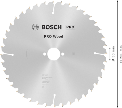 Cirkelsågklinga med text "BOSCH PRO Wood", diameter 250 mm, hålstorlek 30 mm.