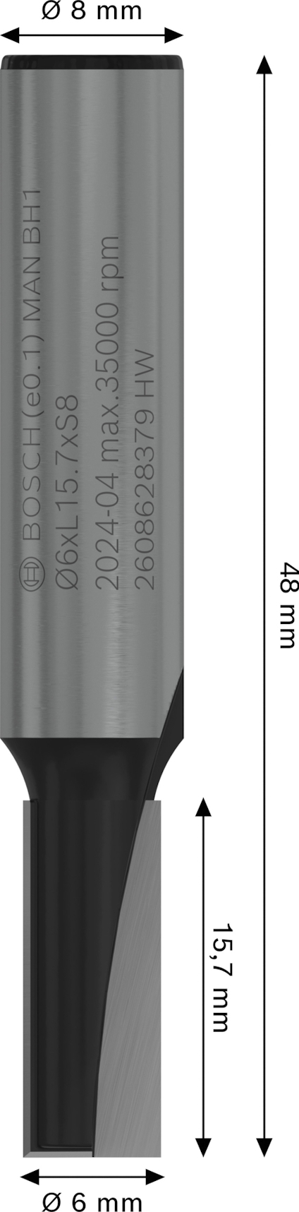 Fräshuvud med dimensioner: totalt 48 mm, skär 15,7 mm. Diameter 6 mm. Gravyr med produktdetaljer.