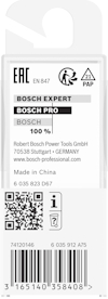 Förpackning med Bosch Expert och Pro, streckkod, QR-kod, PAP 21 återvinningssymbol, tillverkad i Kina, Robert Bosch Power Tools GmbH.
