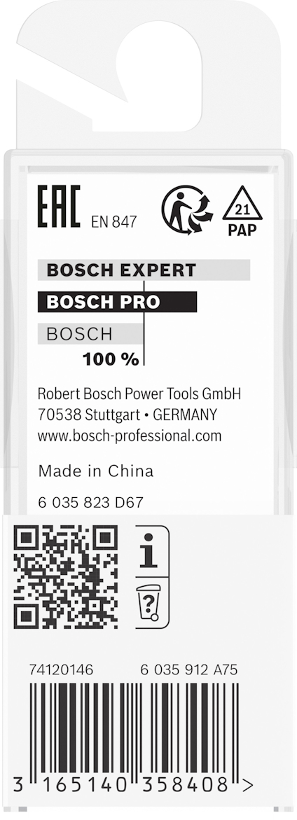 Förpackning med Bosch Expert och Pro, streckkod, QR-kod, PAP 21 återvinningssymbol, tillverkad i Kina, Robert Bosch Power Tools GmbH.