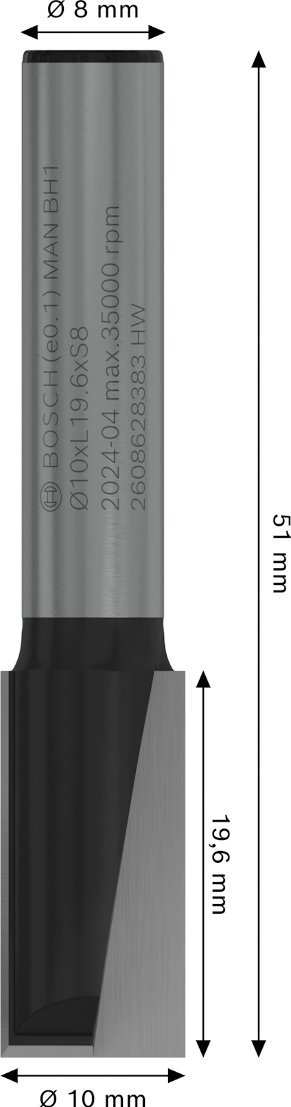 Frässtål med måttangivelser: totallängd 51 mm, skärlängd 19,5 mm, diameter 10 mm.