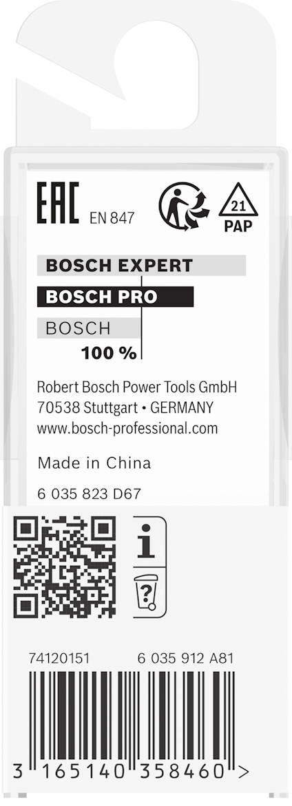 Förpackningens baksida av verktyg, märkt Bosch Expert och Bosch Pro, tillverkad av Bosch Power Tools i Kina. QR-kod synlig.
