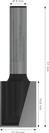 Borr med måtten: total längd 51 mm, skärlängd 19,6 mm, skaftdiameter 8 mm, skärdiameter 16 mm. Text: "26092-83835A RM