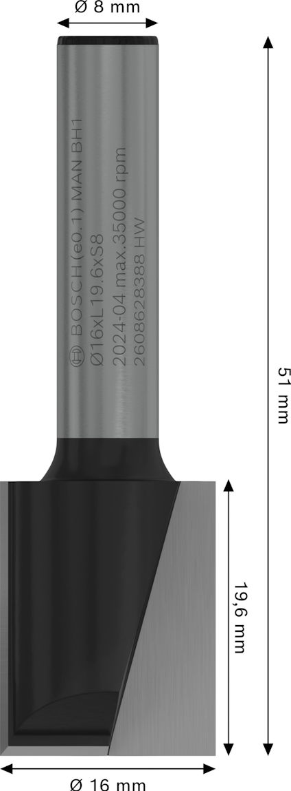Borr med måtten: total längd 51 mm, skärlängd 19,6 mm, skaftdiameter 8 mm, skärdiameter 16 mm. Text: "26092-83835A RM