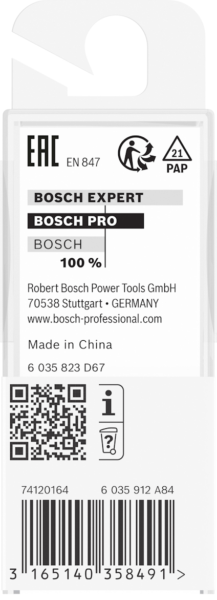 Förpackning med Bosch Expert och Bosch Pro, streckkod och QR-kod. Text: "Made in China, www.bosch-professional.com".