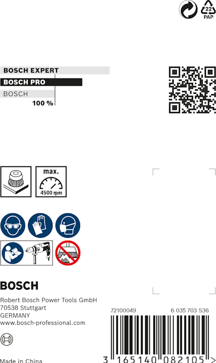 Etikett med säkerhetsinstruktioner och QR-kod för Bosch sliphjul, max 4500 rpm, tillverkat i Kina.