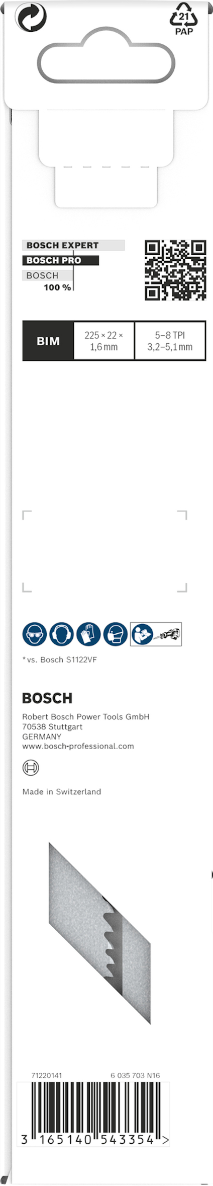 Förpackning med Bosch Expert Scaper-knivblad, visande text och symboler för specifikationer och tillverkning.