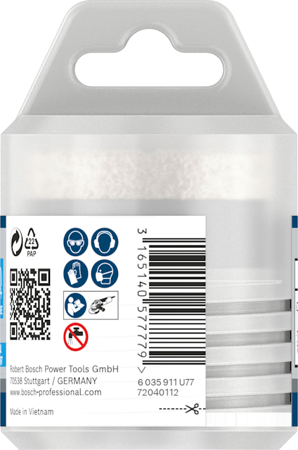 Förpackning med borrtillbehör från Bosch, etikett med QR-kod, varningssymboler och streckkod. Tillverkad i Vietnam.