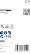 Betygssymboler, QR-kod, Bosch-logotyp, streckkod, produktionsinformation och adress.