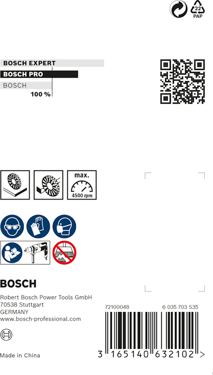 Betygssymboler, QR-kod, Bosch-logotyp, streckkod, produktionsinformation och adress.