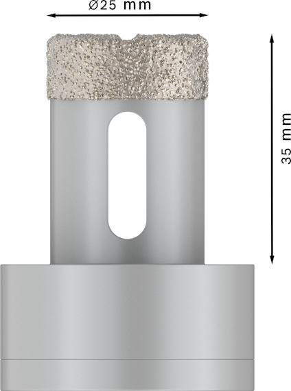 Cylindrisk borrhuvud med diamantbeläggning; ø 25 mm, höjd 35 mm.