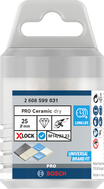 Förpackning med Bosch PRO Ceramic dry 25 mm skärverktyg, lång livslängd, XLOCK-system, universalpassform.