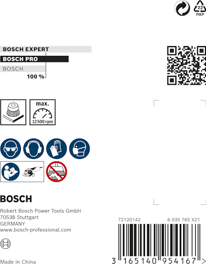 Förpackningsetikett med varumärket Bosch, QR-kod, säkerhetspiktogram och kontaktinformation.
