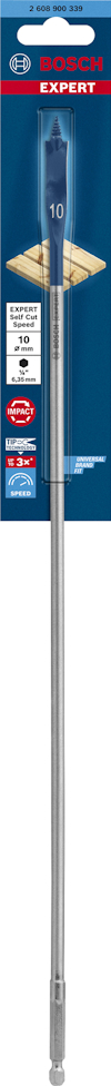 Borrspets med etikett: "Bosch Expert". Diameter: 10 mm. Förpackning innehåller text på flera språk.