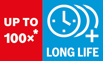 Röd och blå grafik med text: "UP TO 100x* LONG LIFE" samt en klockikon och plustecken.