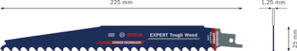 Saw blade labeled "Bosch Expert Tough Wood," measuring 225 mm in length and 25 mm in width.